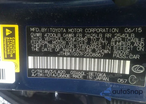 2015 Lexus Es 350 z USA, uszkodzony, nr VIN JTHBK1GG7F2208867